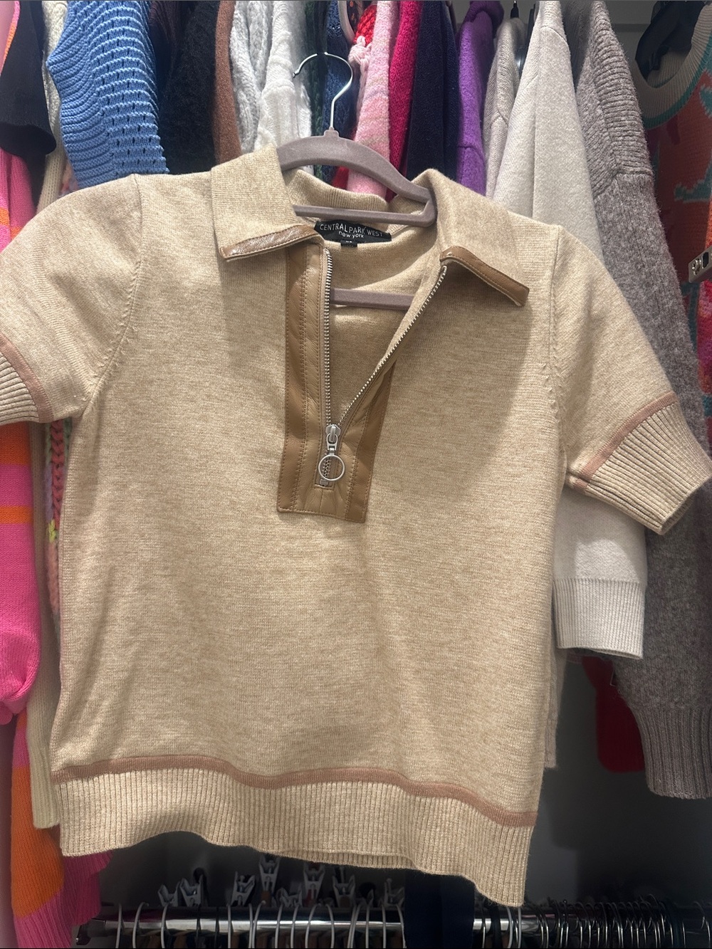 Central Park West Beige Short-Sleeve Zip Polo Sweater with Leather Trim